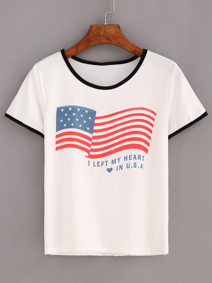 Shein Contrast Trim Stars And Strips Print T-shirt - White