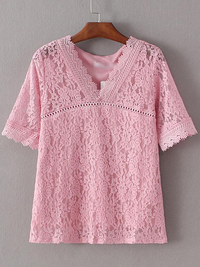 Shein Pink V Neck Crochet Lace Blouse