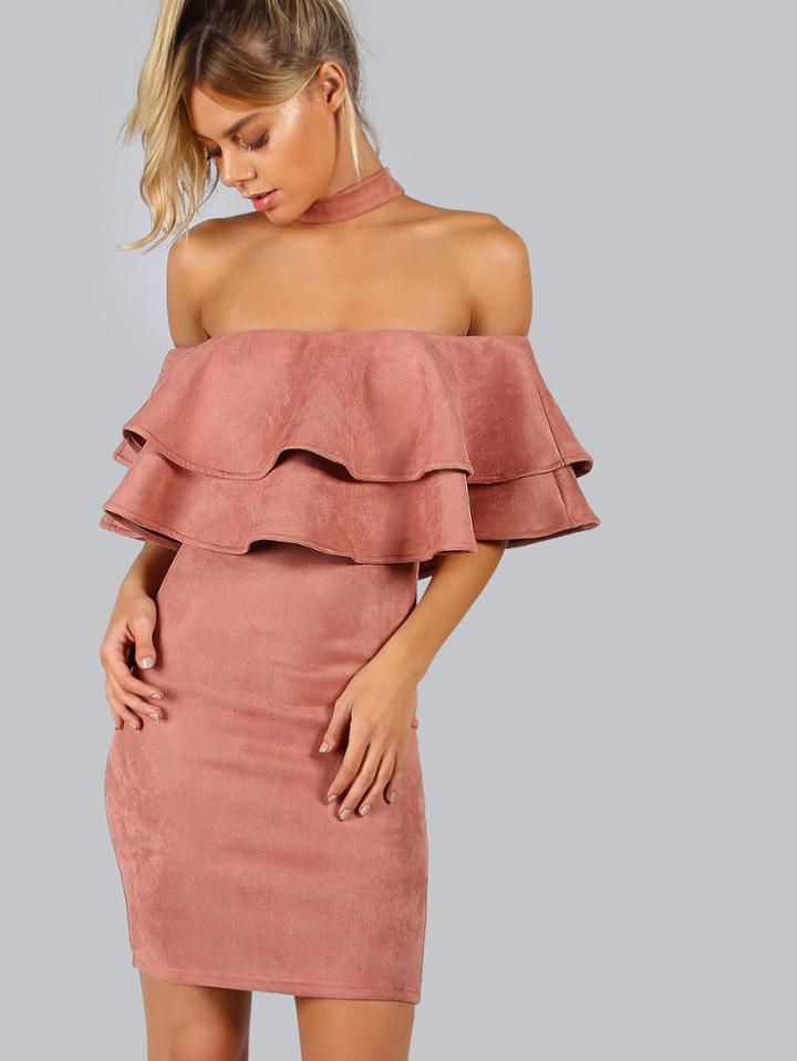 Shein Pink Suede Choker Neck Layered Ruffle Dress