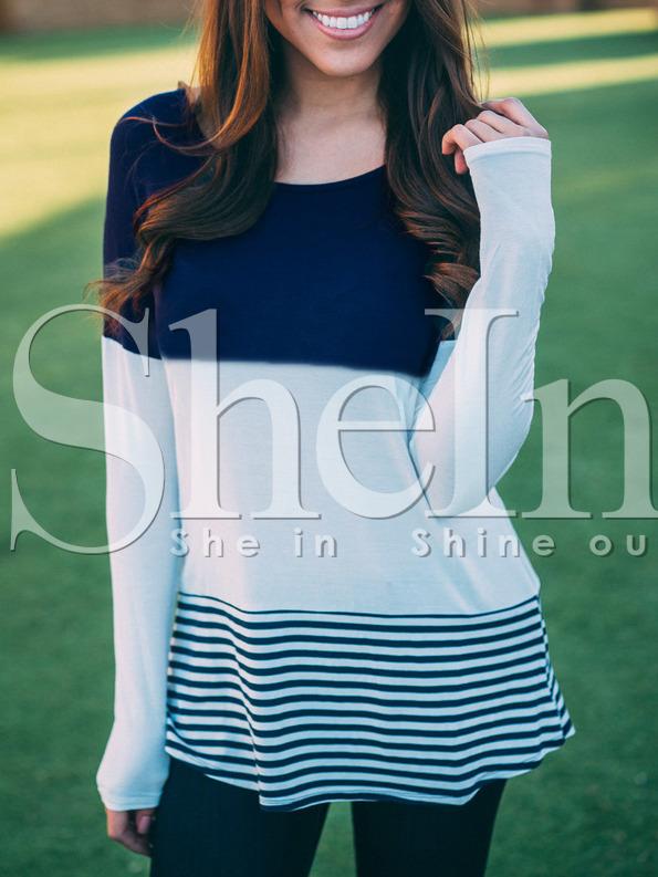 Shein Navy White Striped Round Neck Color Block Casual Blouse