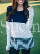 Shein Navy White Striped Round Neck Color Block Casual Blouse