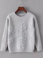 Shein Grey Round Neck Snowflake Patterned Bead Sweater