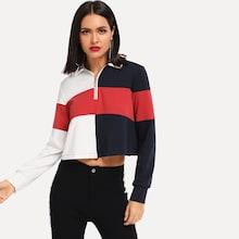 Shein Color Block Zip Front Crop Sweatshirt