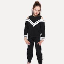 Shein Girls Open Shoulder Contrast Striped Top With Pants