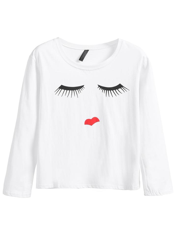 Shein Eyelash And Lipstick Print Tee