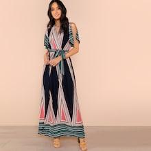 Shein Waist Knot Geometric Print V-neck Dress