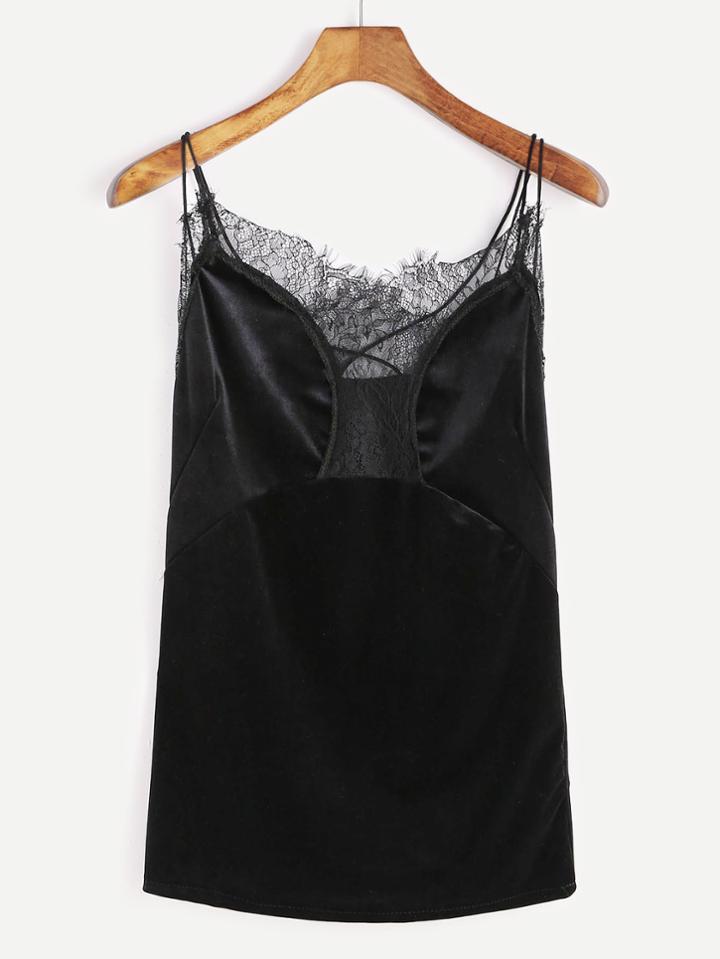 Shein Black Contrast Eyelash Lace Cami Top