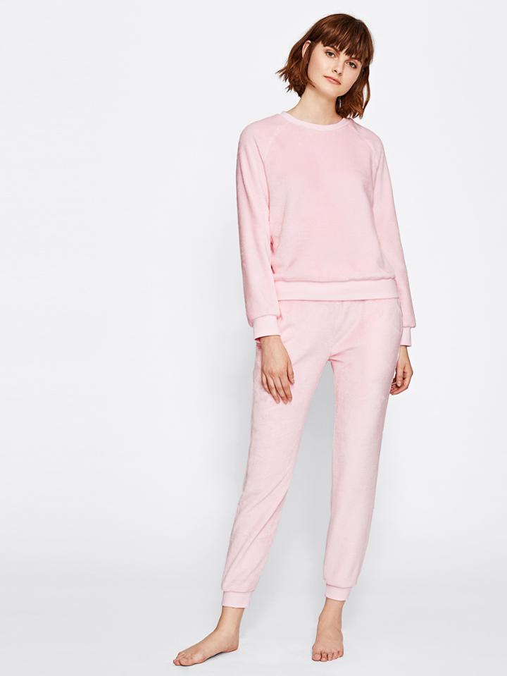 Shein Fuzzy Pullover And Sweatpants Loungewear Set