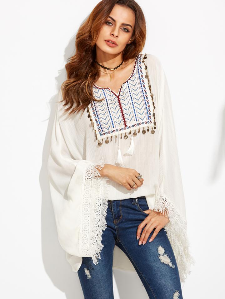 Shein Beige Embroidered Tassel Cuff Batwing Sleeve Blouse