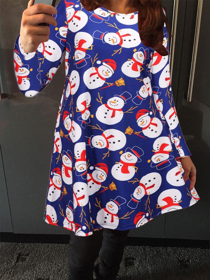 Shein Blue Christmas Snowman Print Shift Dress