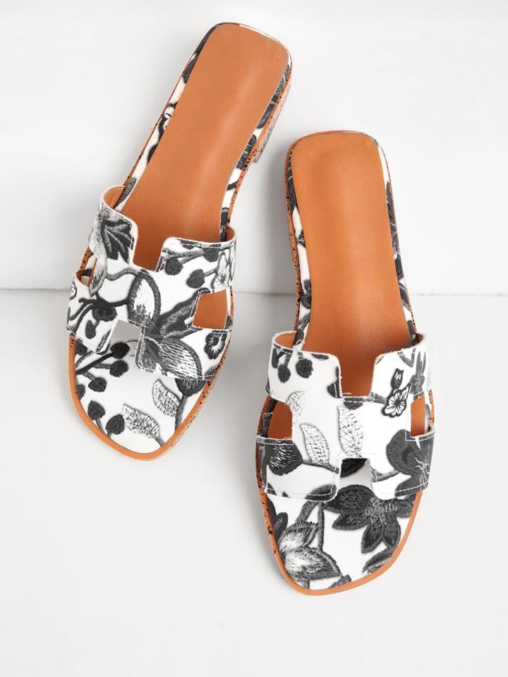Shein Flower Embroidery Pu Slippers
