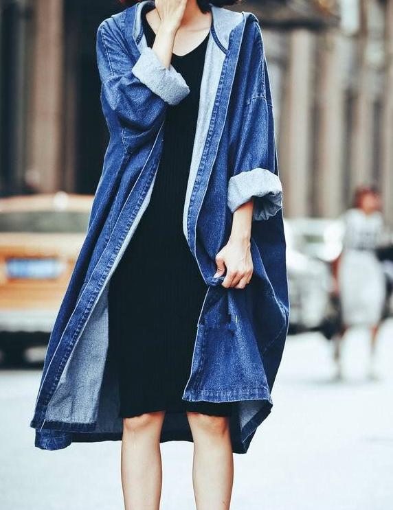 Shein Blue Hooded Loose Denim Trench Coat
