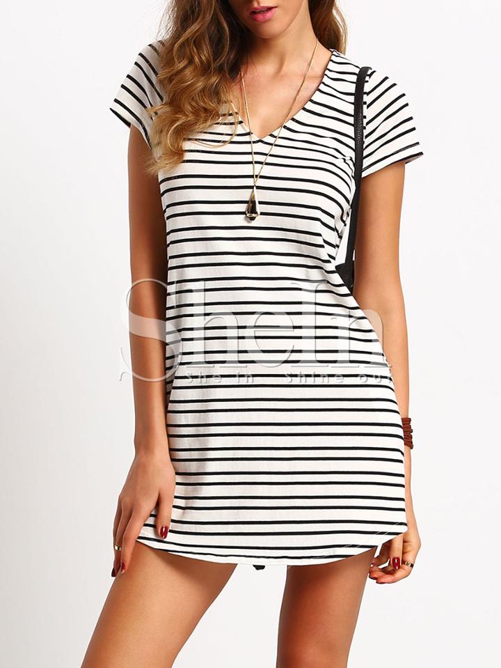 Shein Breton Striped Cap Sleeve V Neck T-shirt Dress