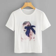 Shein Bow Embellished Graphic Tee