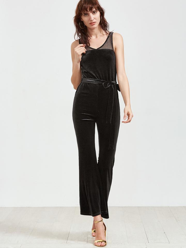 Shein Black Dot Mesh Shoulder Belted Velvet Jumpsuit
