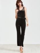 Shein Black Dot Mesh Shoulder Belted Velvet Jumpsuit