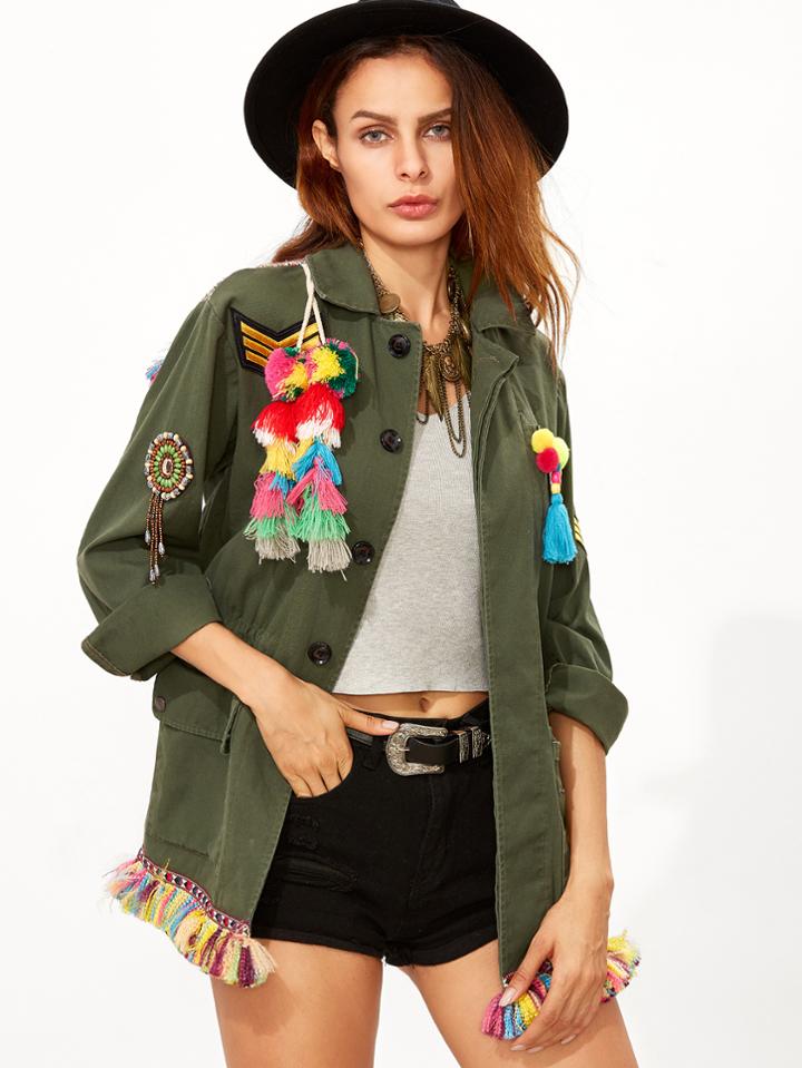 Shein Olive Green Tribal Back Tassel Embellished Utility Jacket