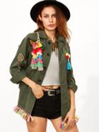 Shein Olive Green Tribal Back Tassel Embellished Utility Jacket