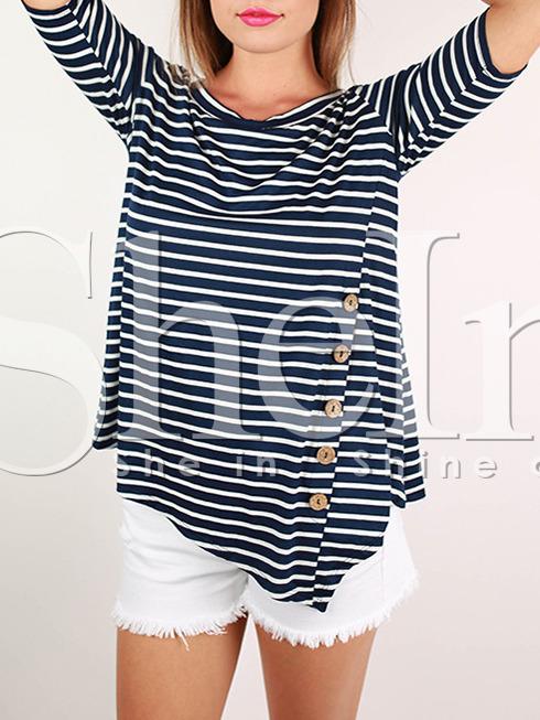 Shein Blue White Stripe Buttons Irregular Hem T-shirt