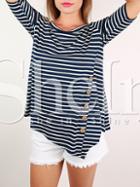 Shein Blue White Stripe Buttons Irregular Hem T-shirt