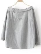 Shein Grey Boat Neck Buttons Striped Blouse