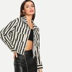 Shein Striped Raw Hem Denim Shirt