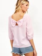 Shein Pink Vertical Striped Bow Embellished Back Top