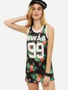 Shein Black Tropical Print Varsity Mesh Dress