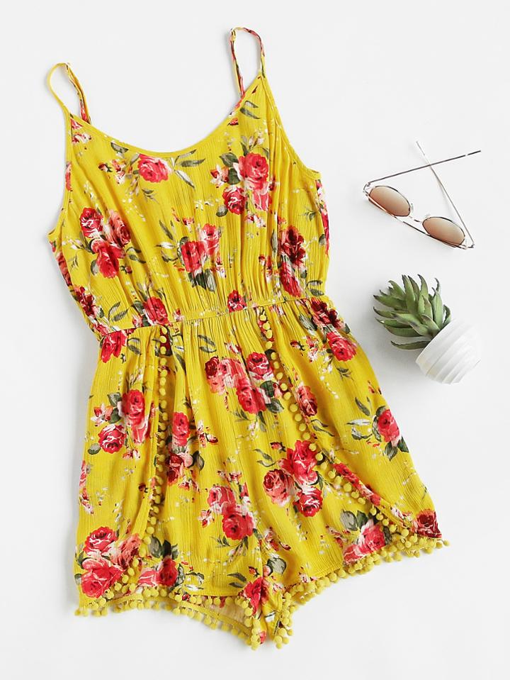 Shein Pom Pom Trim Flower Print Wrap Cami Playsuit