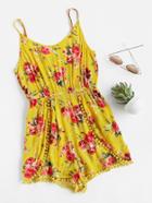 Shein Pom Pom Trim Flower Print Wrap Cami Playsuit