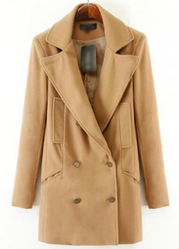 Rosewe Chic Double Breasted Turndown Collar Khaki Woolen Coat