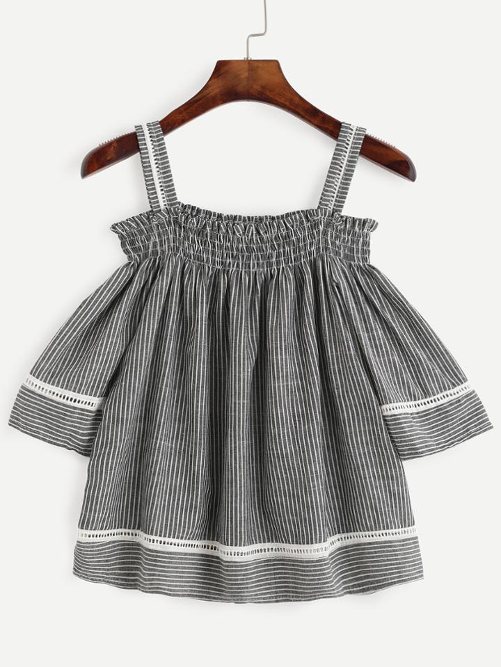 Shein Grey Striped Cold Shoulder Hollow Out Blouse