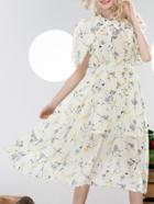 Shein White Cape Belted Floral A-line Dress