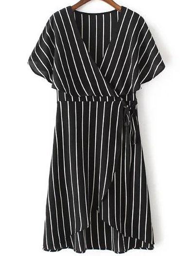 Shein Black Stripe Deep V Neck Cape Sleeve Wrap Dress