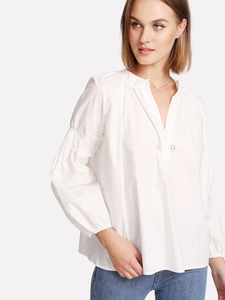 Shein Elastic Sleeve Faux Pearl Detail Blouse