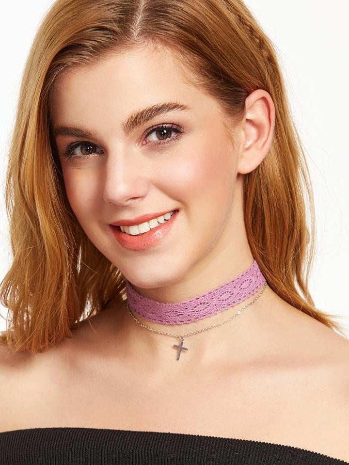 Shein Pink Layered Cross Pendant Lace Choker Necklace