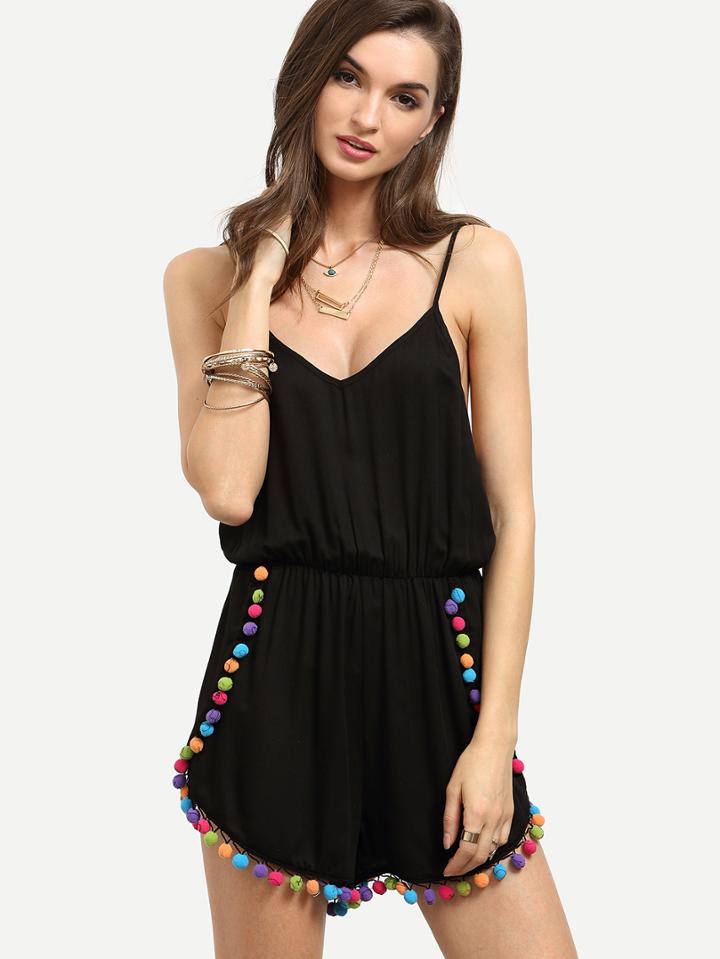 Shein Black Spaghetti Strap Pom-pom Backless Jumpsuit