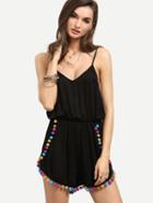 Shein Black Spaghetti Strap Pom-pom Backless Jumpsuit