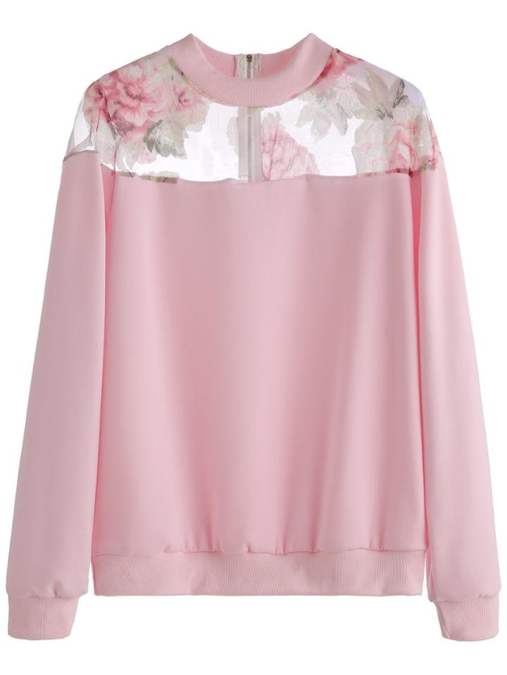Shein Pink Florals Mesh Insert Zipper Sweatshirt