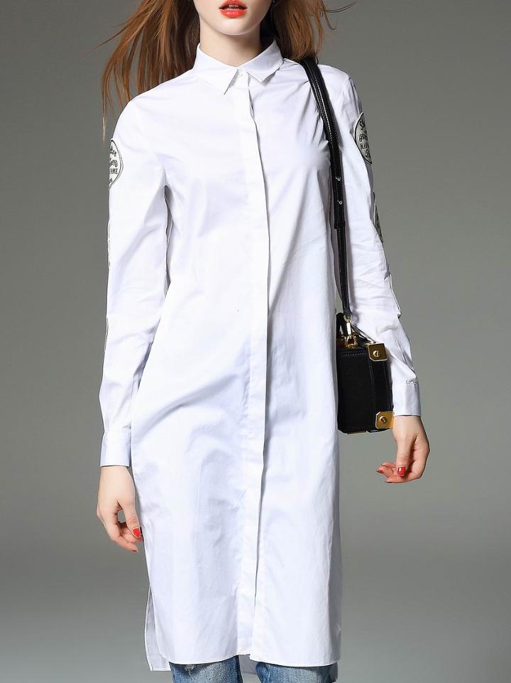 Shein White Lapel Applique Pouf Split Blouse