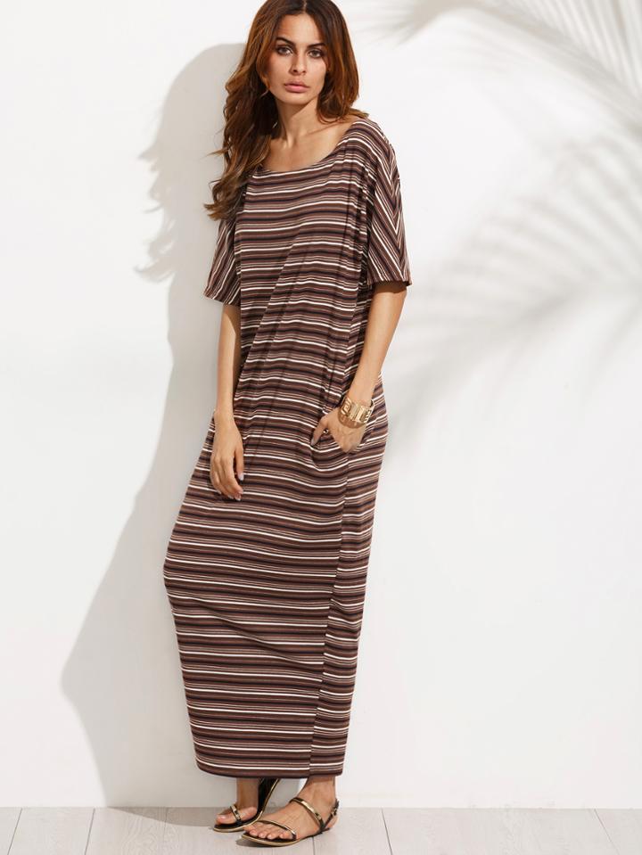 Shein Multicolor Striped Pocket Half Sleeve Maxi Dress