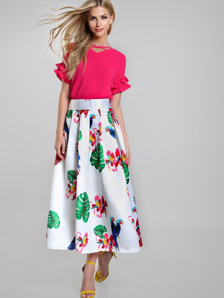Shein Parrot Tropical Print Box Pleated Skirt