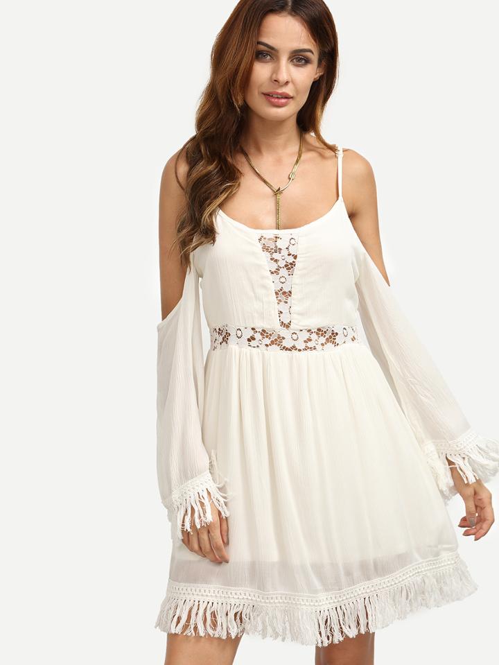 Shein White Crochet Panel Fringe Hem Cold Shoulder Dress