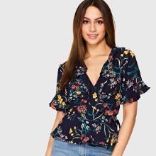 Shein Surplice Neck Botanical Print Ruffle Top