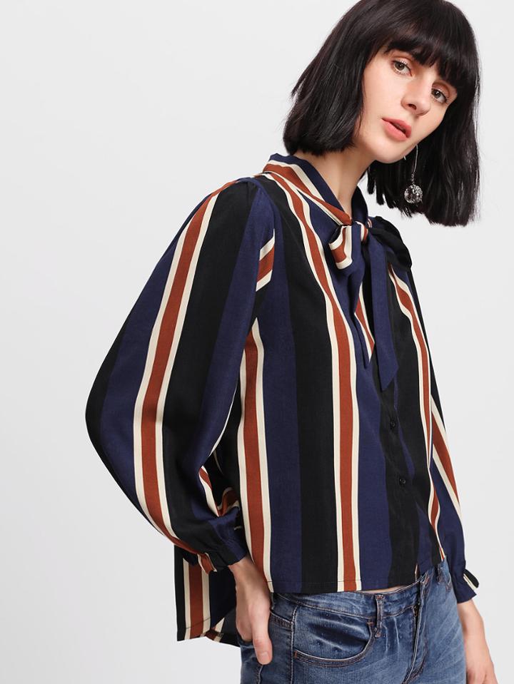 Shein Bow Tie Neck Pencil Stripe Blouse