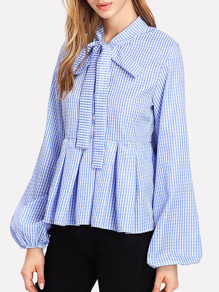 Shein Bow Tie Neck Balloon Sleeve Gingham Blouse