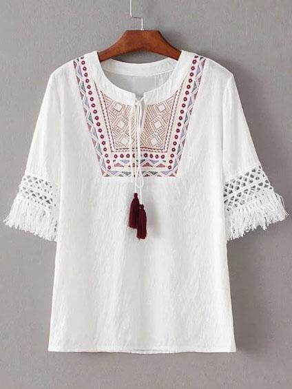 Shein White Tie-neck Fringe Embroidery Short Sleeve Blouse