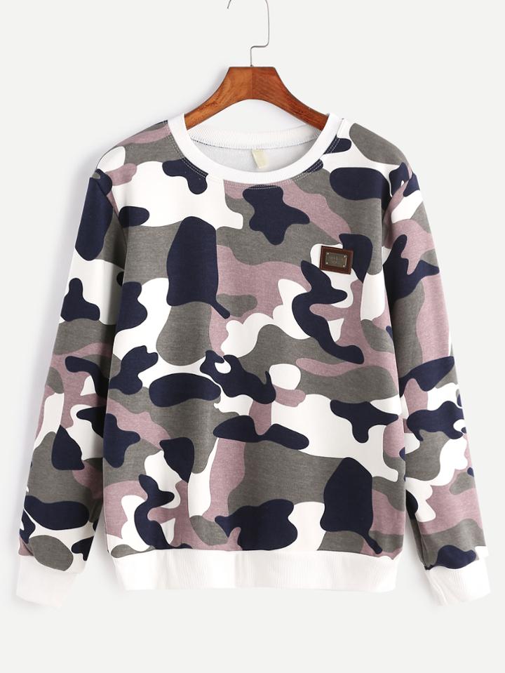 Shein Contrast Ribbed Trim Camo Print Sweatshirt