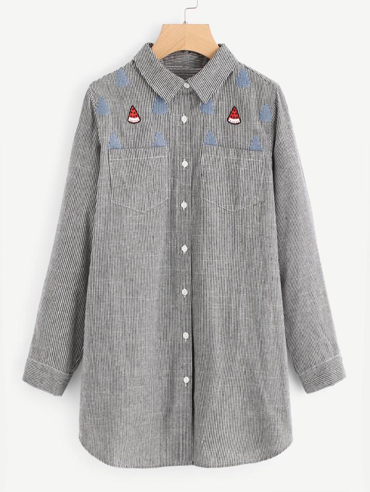 Shein Watermelon Embroidery Striped Shirt Dress