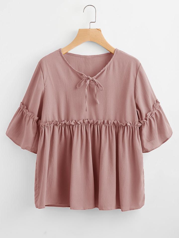 Shein Self Tie Neck Frill Trim Smock Blouse